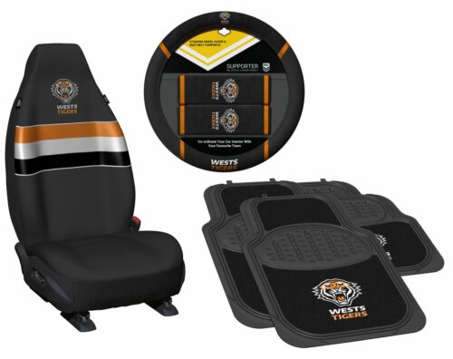Set of 3 Wests Tigers NRL Team Car Seat Covers + Steering Wheel Cover + 4 Floor Mats