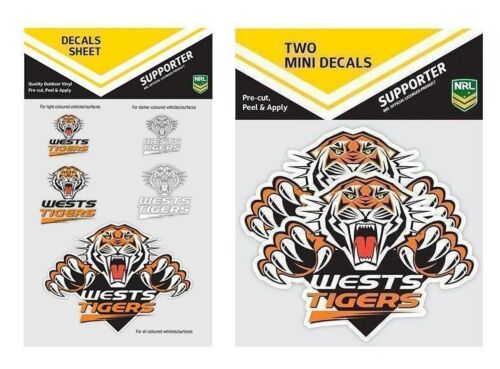 Set Of 2 Wests Tigers NRL Logo Pack Of 5 Decal Stickers Sheet iTag & Pack Of 2 Mini Decals Stickers itag