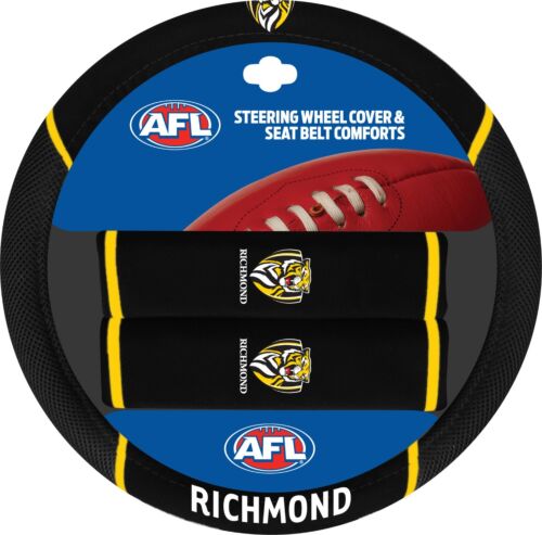 Richmond Tigers AFL Team Logo 39cm Diameter Flexible Steering Wheel & 2 Seat Belt Covers