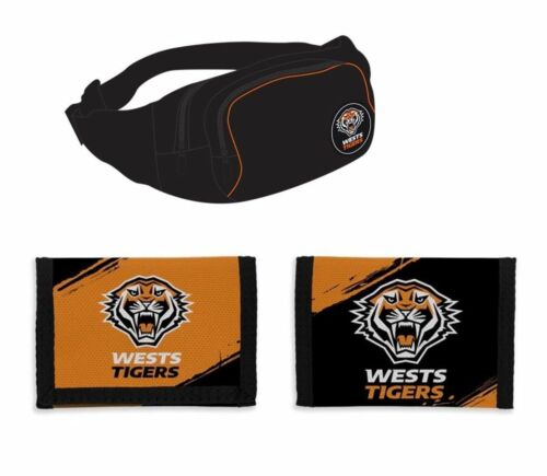 Set of 2 Wests Tigers NRL Team Logo Waist Bag Bumbag & Nylon Velcro Sports Wallet