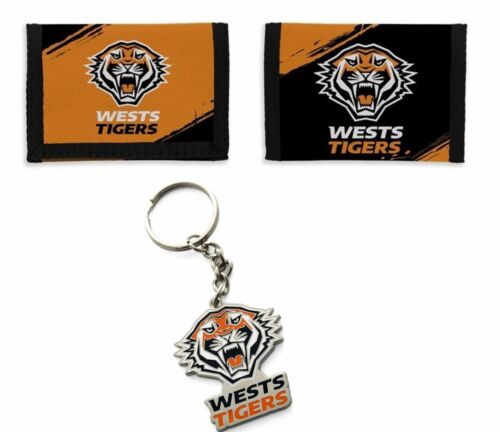 Set of 2 Wests Tigers NRL Team Logo Nylon Velcro Sports Wallet & Club Logo Keyring Chain