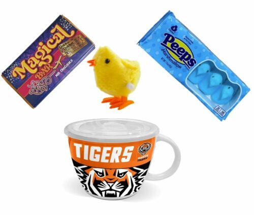 NRL EASTER PACK – Wests Tigers NRL Soup Mug + Peeps Marshmallow Chicks 42g Packet + Magical Bar 50g Milk Chocolate + Wind Up Hopping Chick