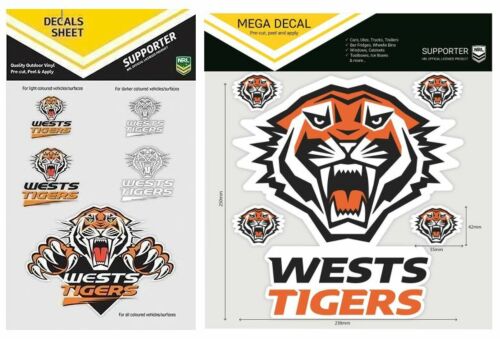 Set Of 2 Wests Tigers NRL Logo Mega Spot Sticker & Pack Of 5 Decal Stickers Sheet iTag