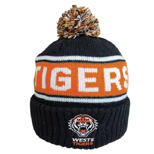 Wests Tigers NRL Team Striker Acrylic Beanie Hat With Pom Pom