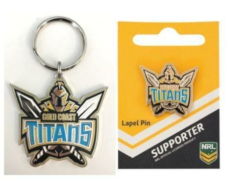 Set Of 2 Gold Coast Titans NRL Team Logo Metal Pin Badge & Mascot Metal Keyring Key Ring