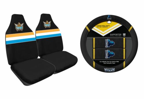Set of 2 Gold Coast Titans NRL Car Seat Covers & Steering Wheel Cover 