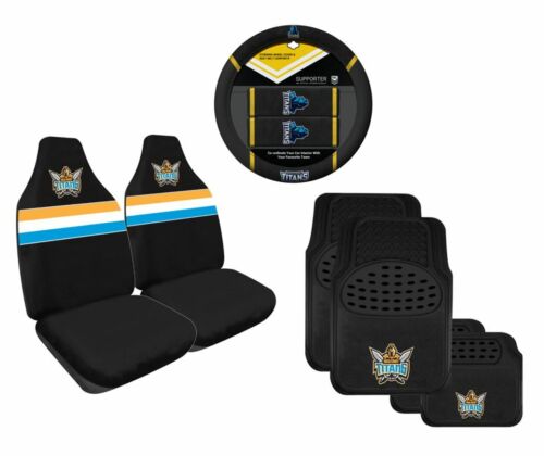 Set of 3 Gold Coast Titans NRL Team Car Seat Covers + Steering Wheel Cover + 4 Floor Mats