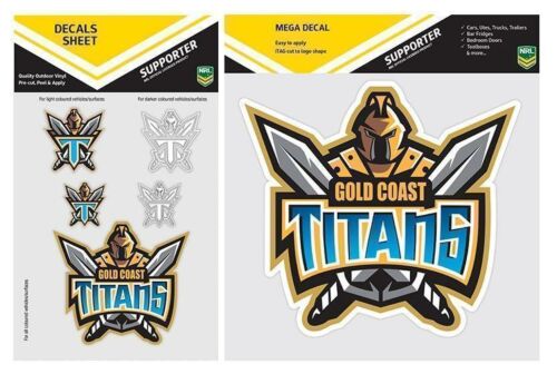 Set Of 2 Gold Coast Titans NRL Logo Mega Spot Sticker & Pack Of 5 Decal Stickers Sheet iTag