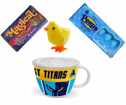 NRL EASTER PACK – Gold Coast Titans NRL Soup Mug + Peeps Marshmallow Chicks 42g Packet + Magical Bar 50g Milk Chocolate + Wind Up Hopping Chick