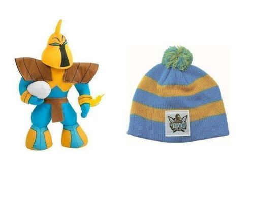 Set Of 2 Gold Coast Titans NRL Team Mascot Plush Toy Character With Football + Stripe Baby Beanie Toddler Hat