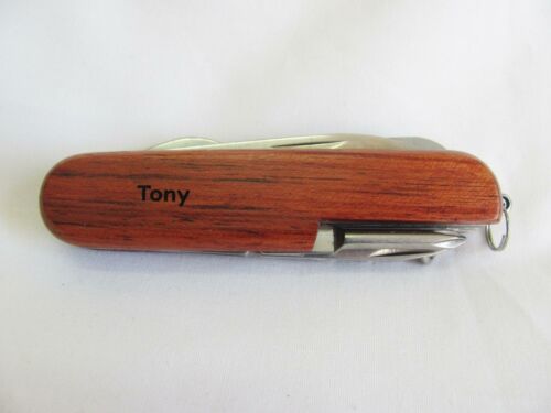 Tony  Name Personalised Wooden Pocket Knife Multi Tool With 10 Tools / Accessories