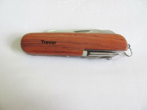 Trevor  Name Personalised Wooden Pocket Knife Multi Tool With 10 Tools / Accessories