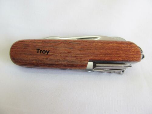 Troy  Name Personalised Wooden Pocket Knife Multi Tool With 10 Tools / Accessories