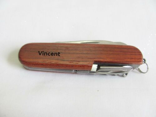 Vincent   Name Personalised Wooden Pocket Knife Multi Tool With 10 Tools / Accessories