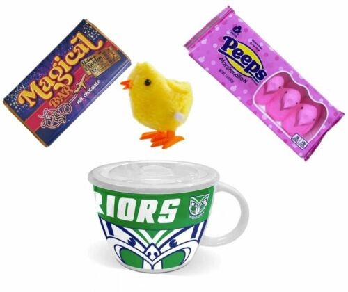 NRL EASTER PACK – New Zealand Warriors NRL Soup Mug + Peeps Marshmallow Chicks 42g Packet + Magical Bar 50g Milk Chocolate + Wind Up Hopping Chick