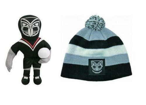 Set Of 2 New Zealand Warriors NRL Team Mascot Plush Toy Character With Football + Stripe Baby Beanie Toddler Hat