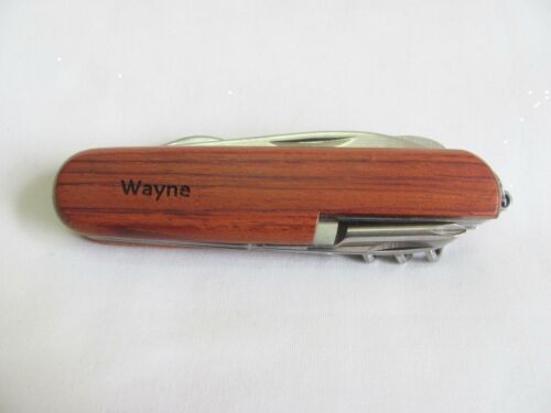 Wayne   Name Personalised Wooden Pocket Knife Multi Tool With 10 Tools / Accessories