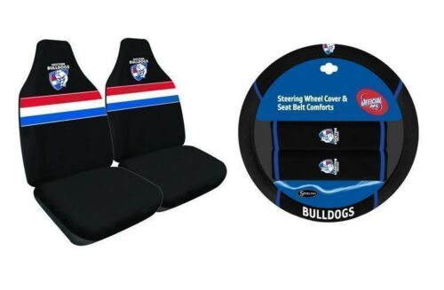 Set Of 2 Western Bulldogs AFL Car Seat Covers & Steering Wheel 