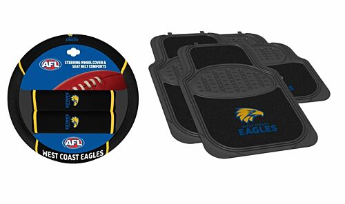 Set Of 2 West Coast Eagles AFL Team Logo Car Steering Wheel Cover & 4 Floor Mats 2x Front 2x Rear