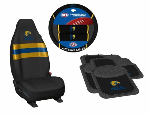 Set Of 3 West Coast Eagles AFL Team Car Seat Covers + Steering Wheel Cover + 4 Floor Mats
