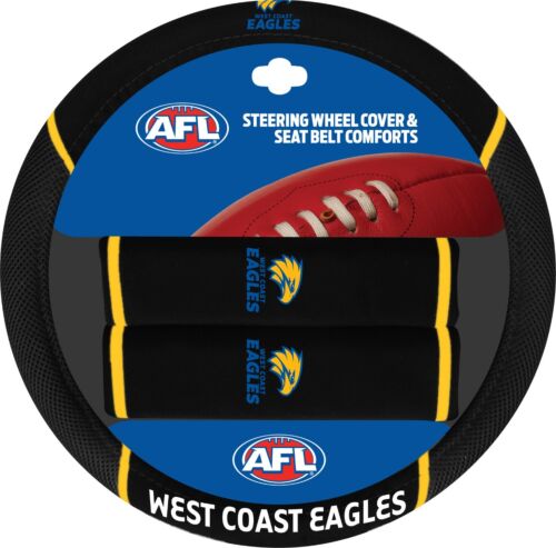 West Coast Eagles AFL Team Logo 39cm Diameter Flexible Steering Wheel & 2 Seat Belt Covers