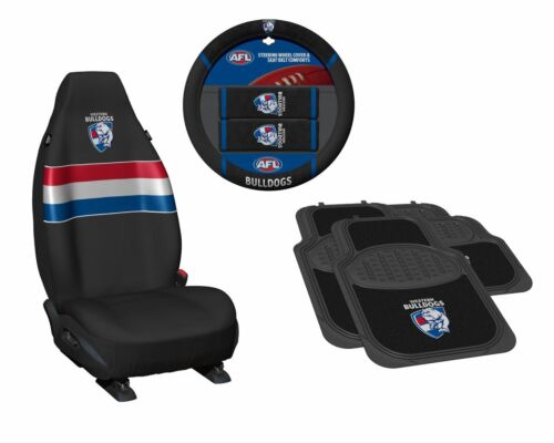 Set Of 3 Western Bulldogs AFL Team Car Seat Covers + Steering Wheel Cover + 4 Floor Mats