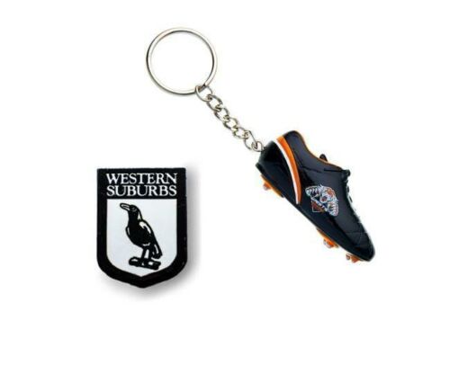 Set of 2 Western Suburbs Magpies NRL Team Heritage Logo Collectable Lapel Hat Tie Pin Badge & Wests Tigers Resin Boot Key Ring Keyring