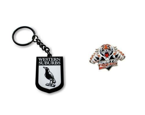 Set of 2 Western Suburbs Magpies NRL Team Heritage Logo Key Ring Keyring Chain + Wests Team Logo Pin Badge