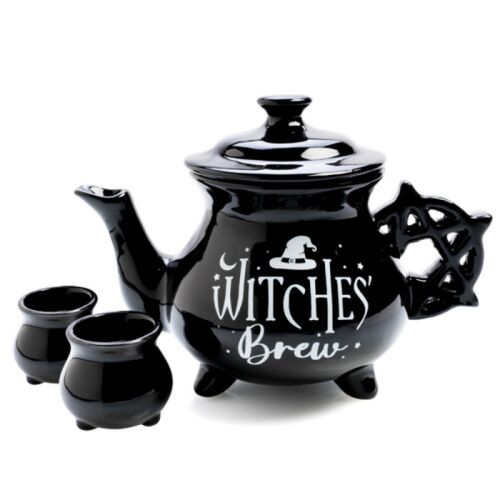 Witches Brew Cauldron 3D Ceramic Tea Pot Set With Pentacle Handle