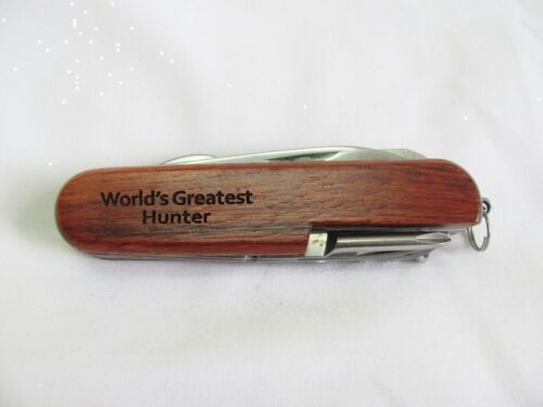 World's Greatest Hunter  Name Personalised Wooden Pocket Knife Multi Tool With 10 Tools / Accessories