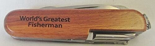 World's Greatest Fisherman  Name Personalised Wooden Pocket Knife Multi Tool With 10 Tools / Accessories