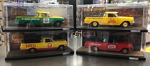 Collection of 4 Holden EH Utility Heritage Ute 1:18 Scale Model Car Golden Fleece, Ampol, Shell, BP + Outback Tiny Dioramas Slimline 1:18 Scale Display Case