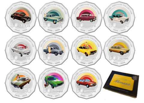 2016 Set of 11 Holden Heritage Collection Coins Coloured Uncirculated 50c Coin + Free Yellow Tin of Monaro Playing Cards