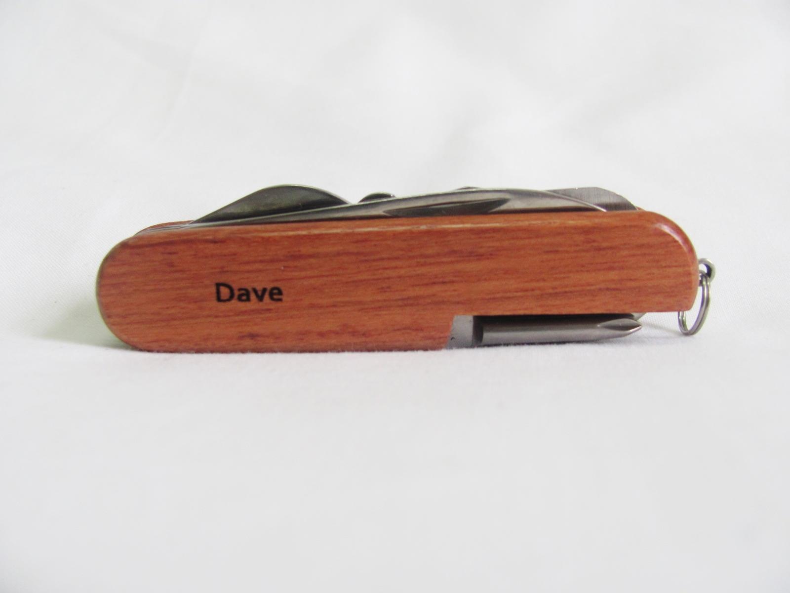 Dave Name Personalised Wooden Pocket Knife Multi Tool With 10 Tools / Accessories