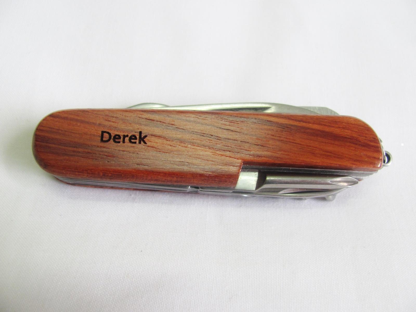 Derek Name Personalised Wooden Pocket Knife Multi Tool With 10 Tools / Accessories