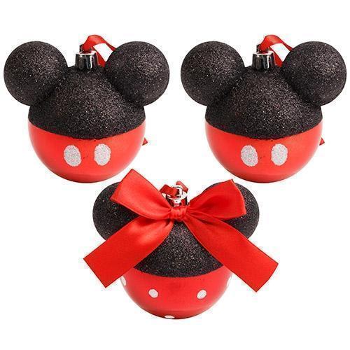 Disney Mickey and Minnie Mouse Deluxe Head Shaped Set of 3 Christmas Tree Glitter Sparkle Baubles
