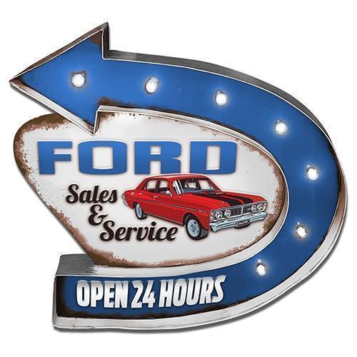 Ford Sales & Service Motoring  Light Up Tin Sign Open 24 Hours