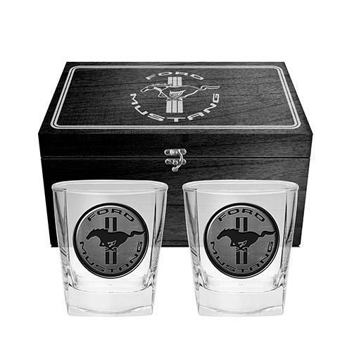 Ford Mustang Set Of 2 285ml Spirit Glasses In Wooden Collector Box