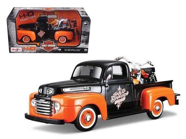 Harley Davidson 1948 Ford F-1 Pickup Truck & 1958 FLH Duo Glide Motorcycle 1:24 Scale Diecast Model
