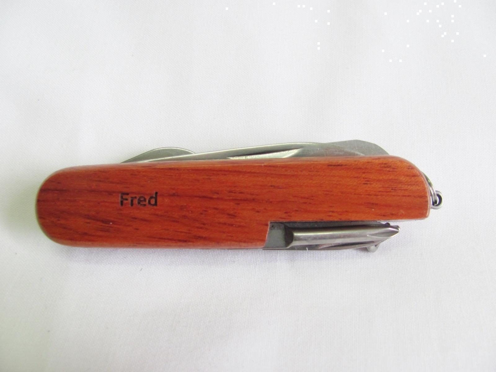 Fred Name Personalised Wooden Pocket Knife Multi Tool With 10 Tools / Accessories