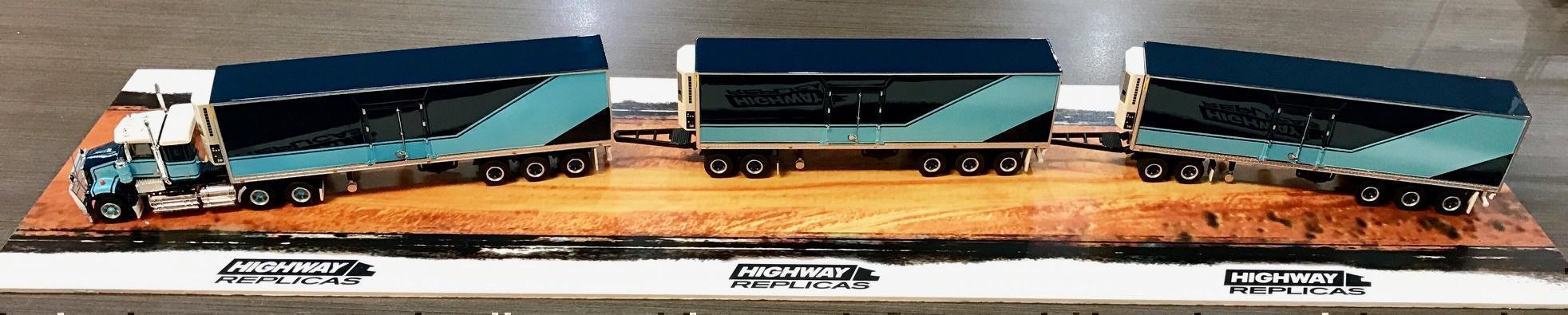 Highway Replicas Blue Kenworth Freight Road Train Prime Mover Die Cast Model Truck With Additional Trailer & Dolly 1:64 