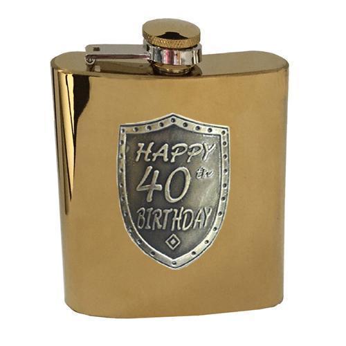 40th Birthday Gold 150ml Hip Flask With Badge In Gift Box Fortieth