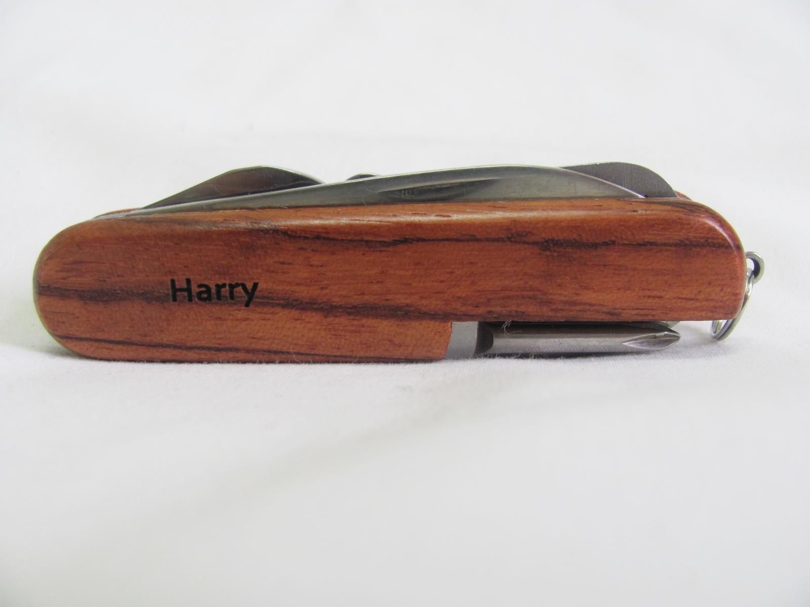 Harry Name Personalised Wooden Pocket Knife Multi Tool With 10 Tools / Accessories