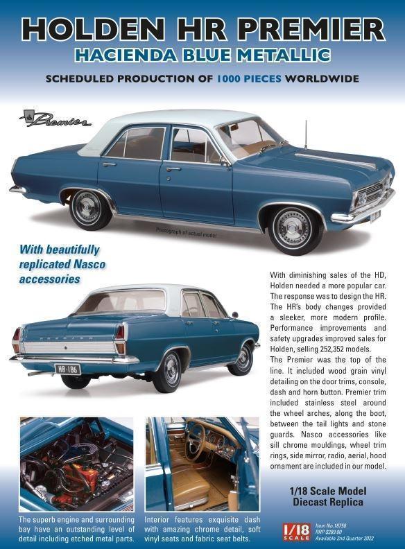 PRE ORDER - Holden HR Premier Hacienda Blue Metallic 1:18 Scale Die Cast Model Car (FULL PRICE - $289.00)