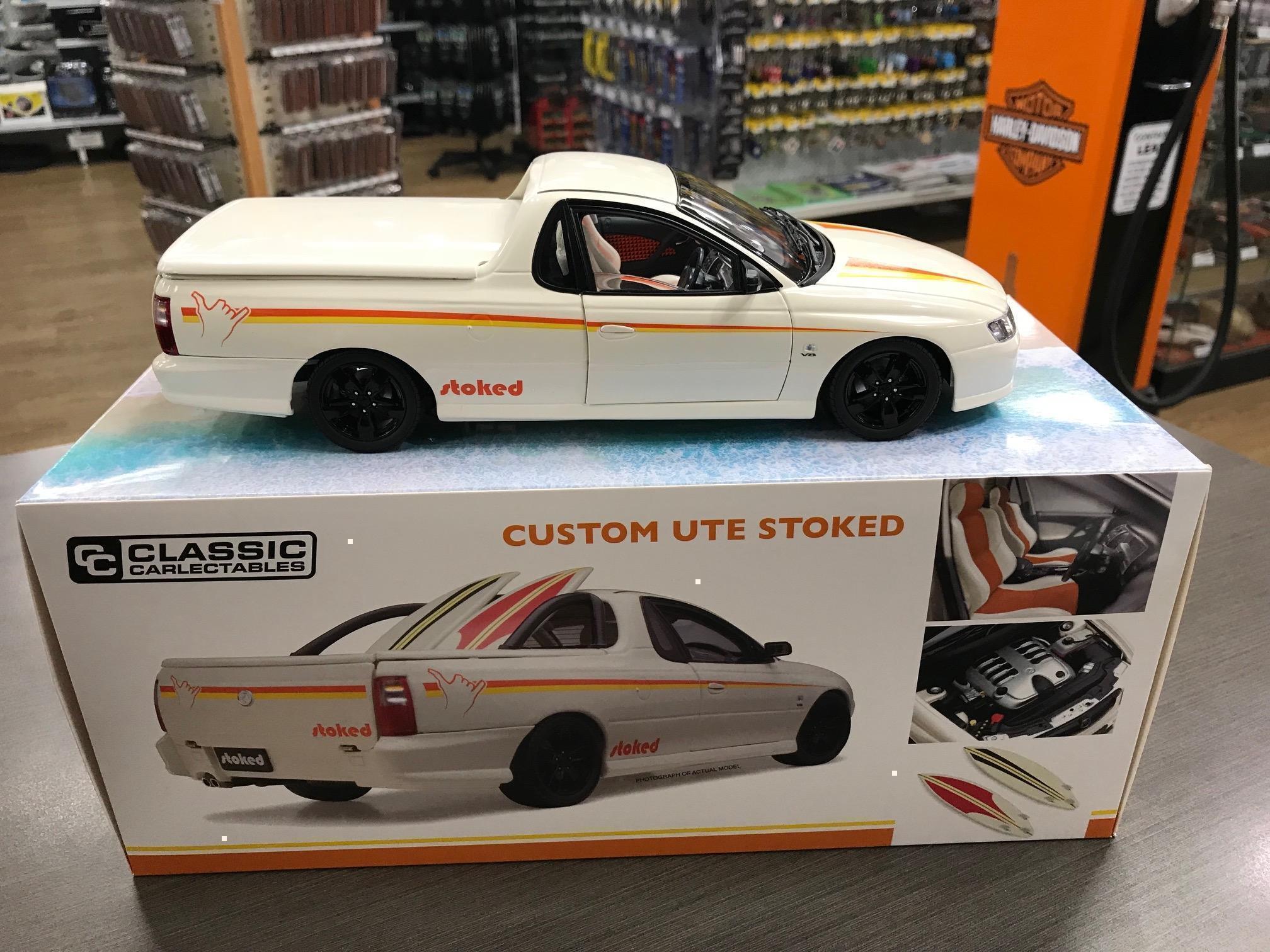 Holden Custom Ute Stoked White With Yellow And Orange Decals Die Cast Model Car 1:18 