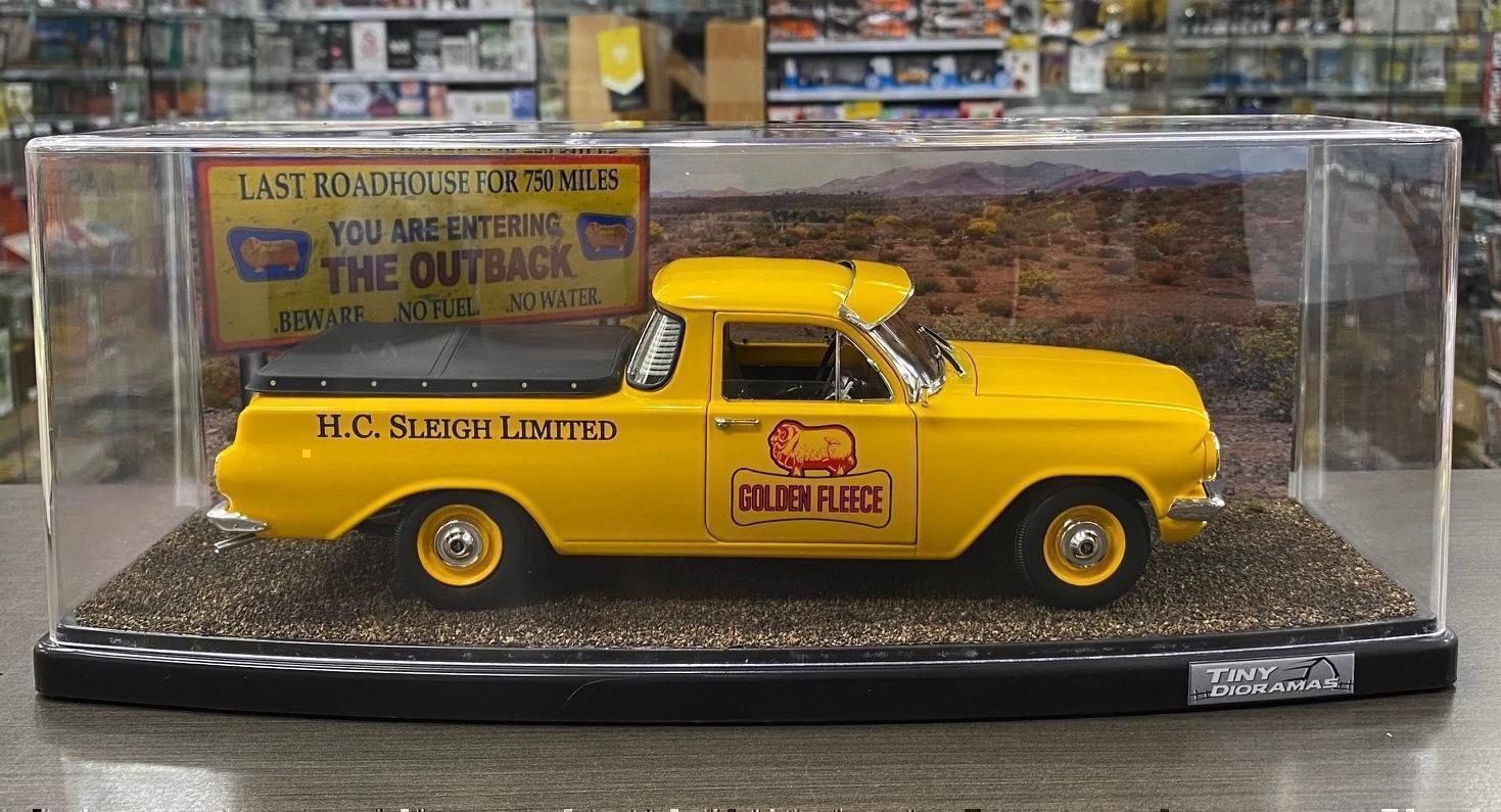 Holden EH Utility Golden Fleece Heritage Collection 1:18 Scale Model Car + Outback Tiny Dioramas Slimline 1:18 Scale Display Case
