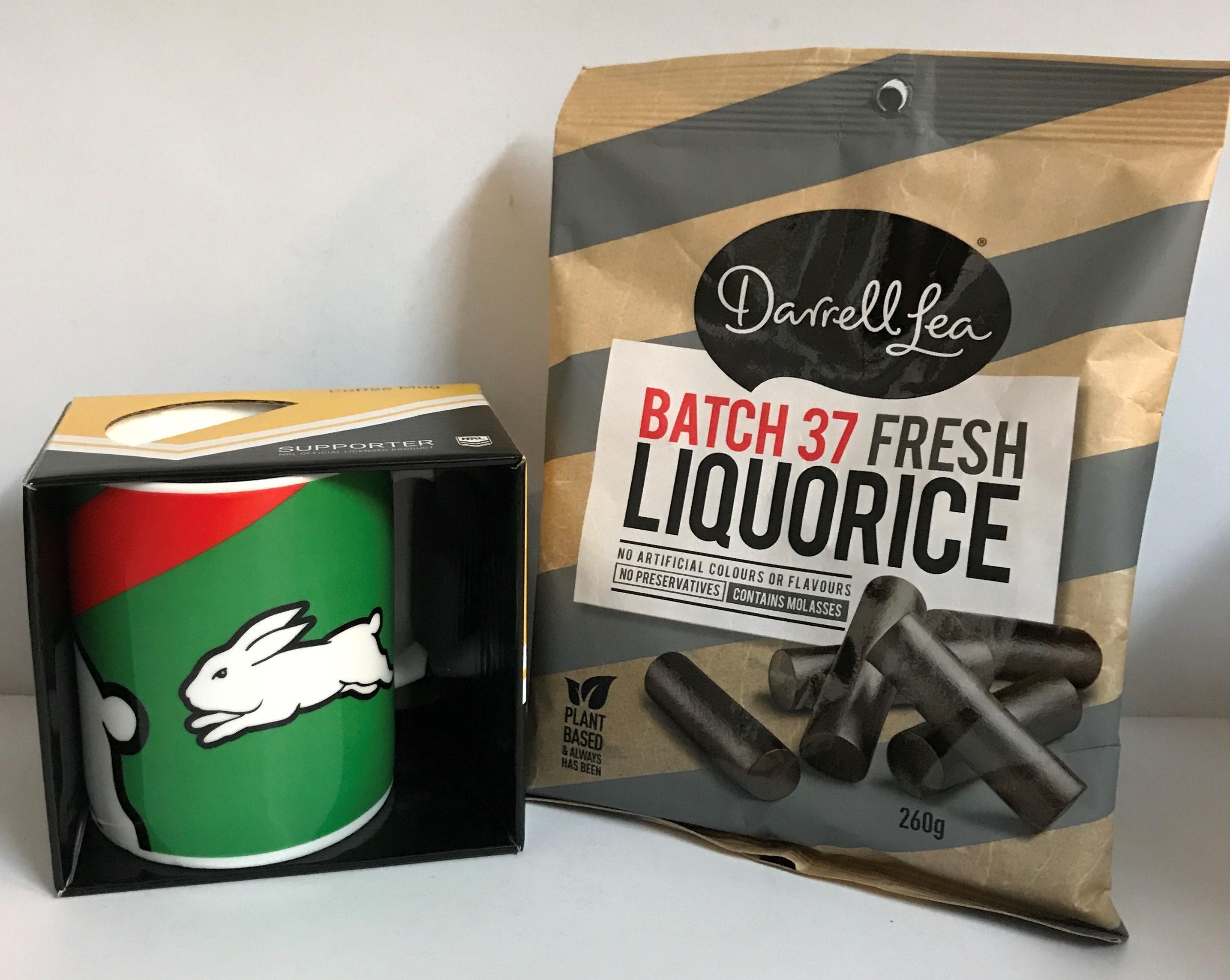 NRL Logo Coffee Mug + Darrell Lea Batch 37 Fresh Liquorice 260g in Gold Bag
