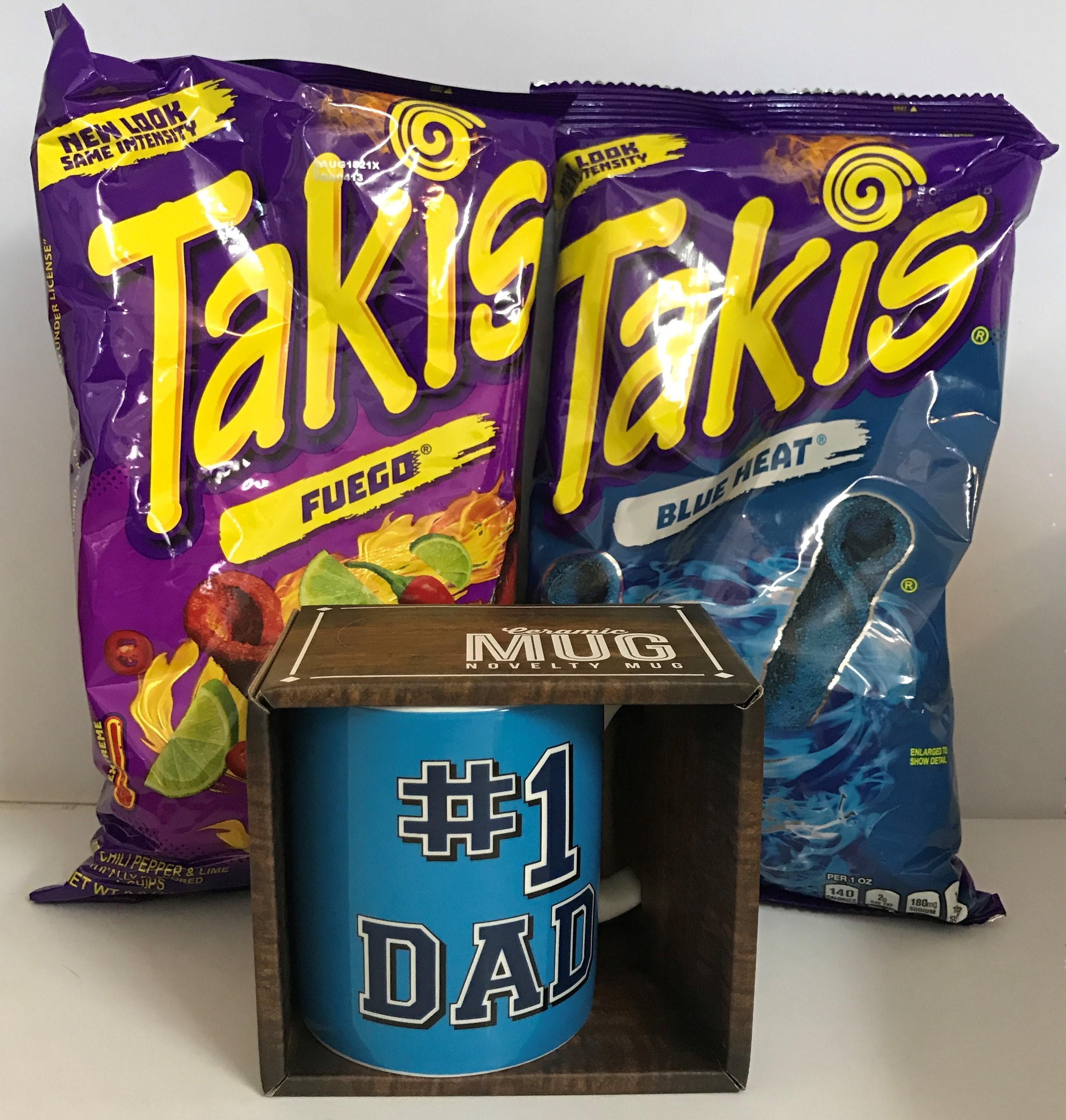 Gift Pack With #1 Dad Mug + Takis Tortilla Crisps Fuego 280g & Blue Heat 280g in Gold Bag