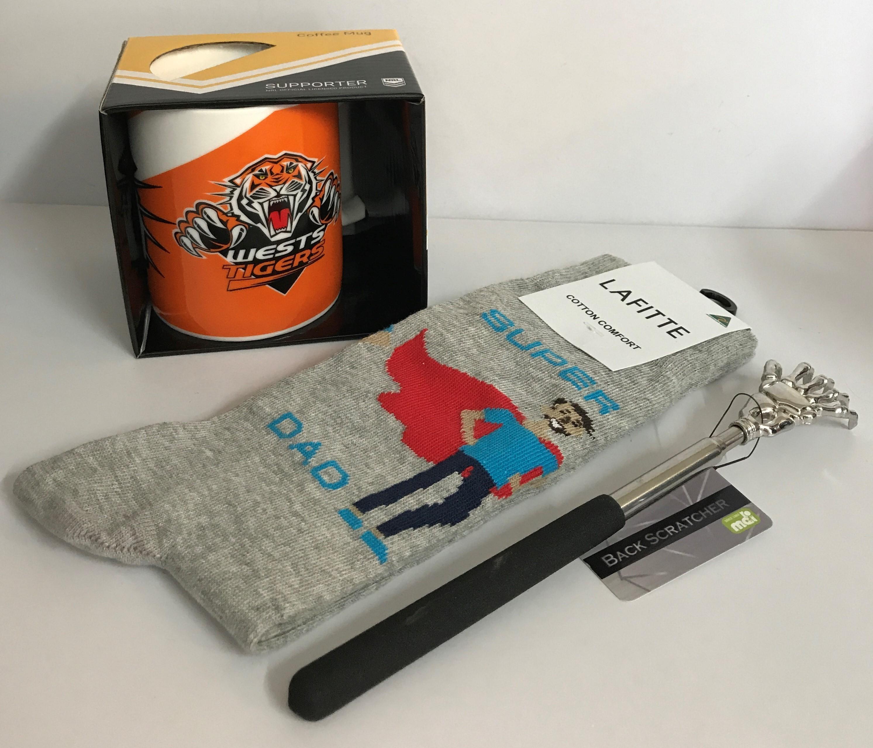 NRL Logo Coffee Mug + Super Dad Mens Socks + Extendo Back Scratcher in Gold Bag