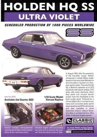 PRE ORDER - Holden HQ SS Ultra Violet 1:18 Scale Die Cast Model Car (FULL PRICE - $289.00)